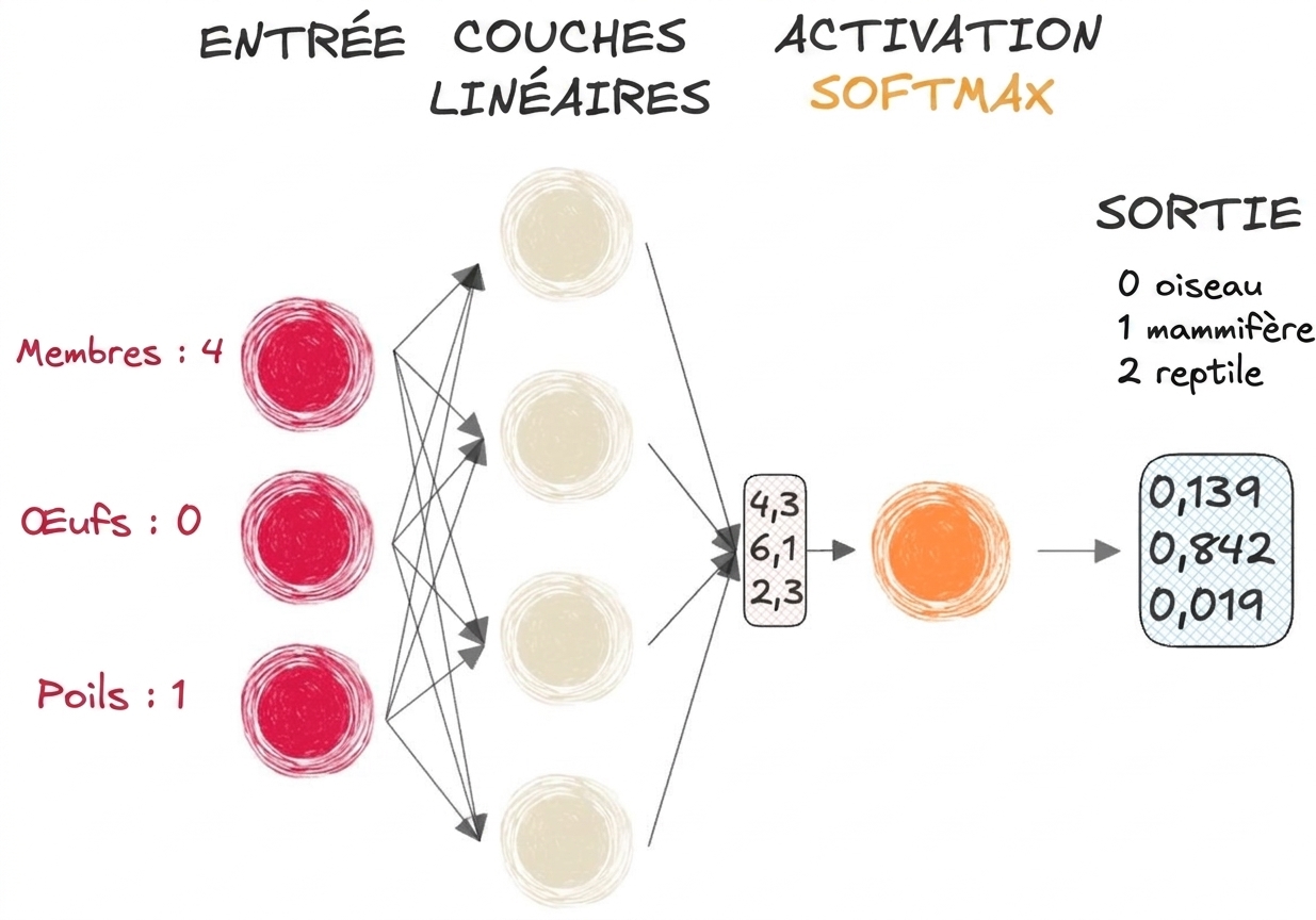 Schéma d'une partie d'un réseau de neurones avec entrées, un vecteur en sortie vers les couches linéaires, une activation softmax et une sortie