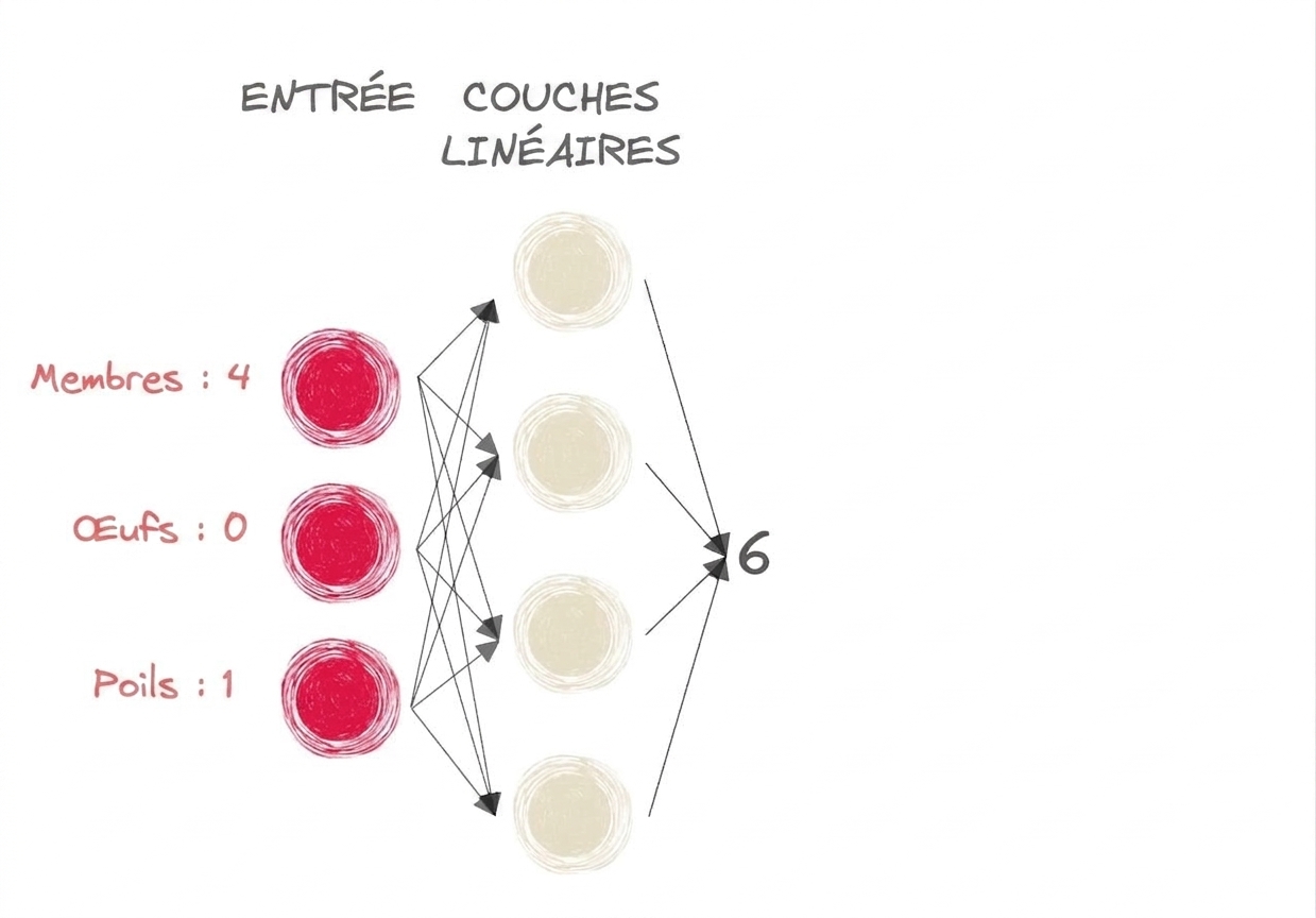 Schéma d'une partie d'un réseau de neurones avec entrées et le nombre 6 en sortie vers les couches linéaires