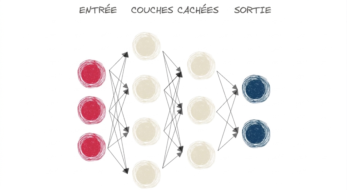 Schéma d'un réseau de neurones avec entrée, couche cachée et sortie