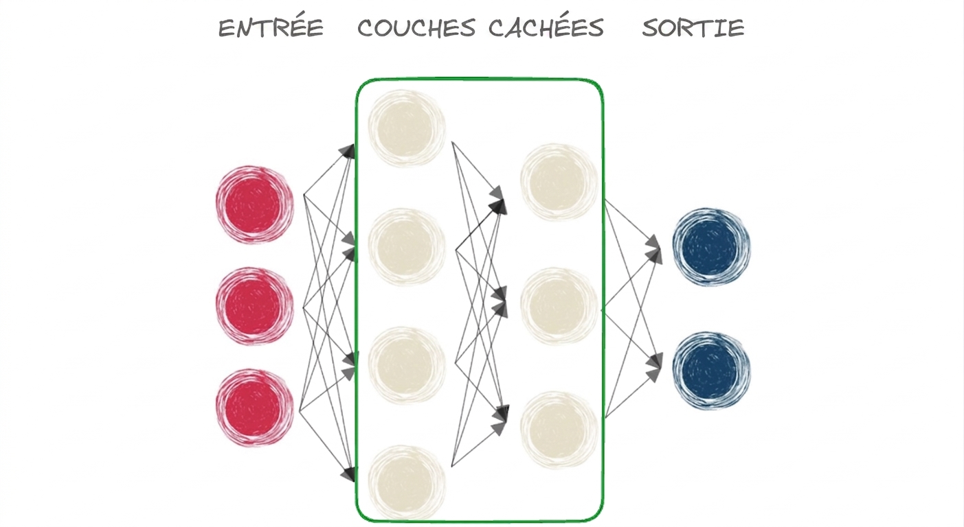 Schéma d'un réseau de neurones avec entrée, couche cachée et sortie