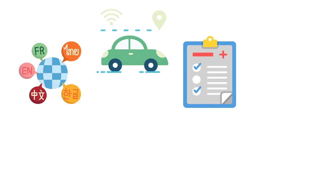 Illustration montrant plusieurs langues autour d'un globe, une voiture autonome et un diagnostic médical