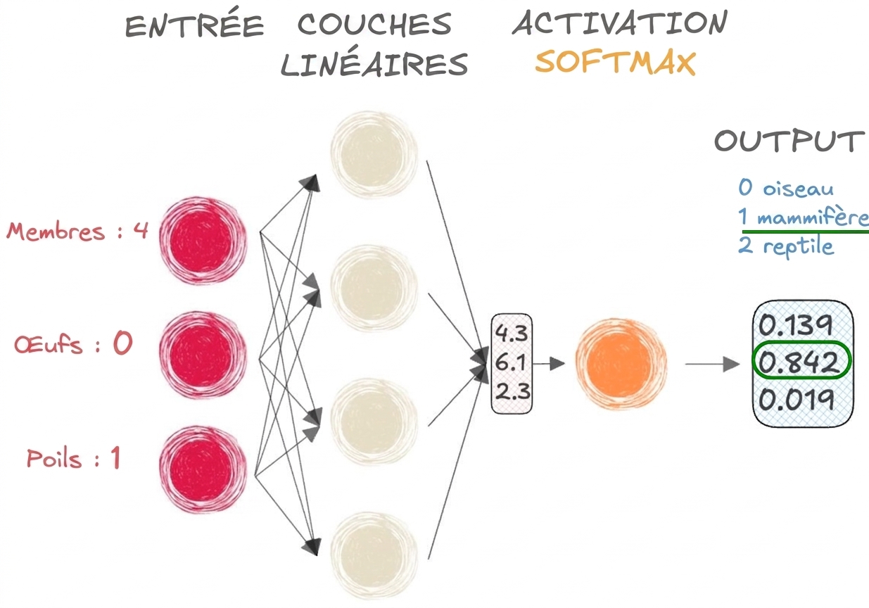 Schéma d'une partie d'un réseau de neurones avec entrées, un vecteur en sortie vers les couches linéaires, une activation softmax et une sortie