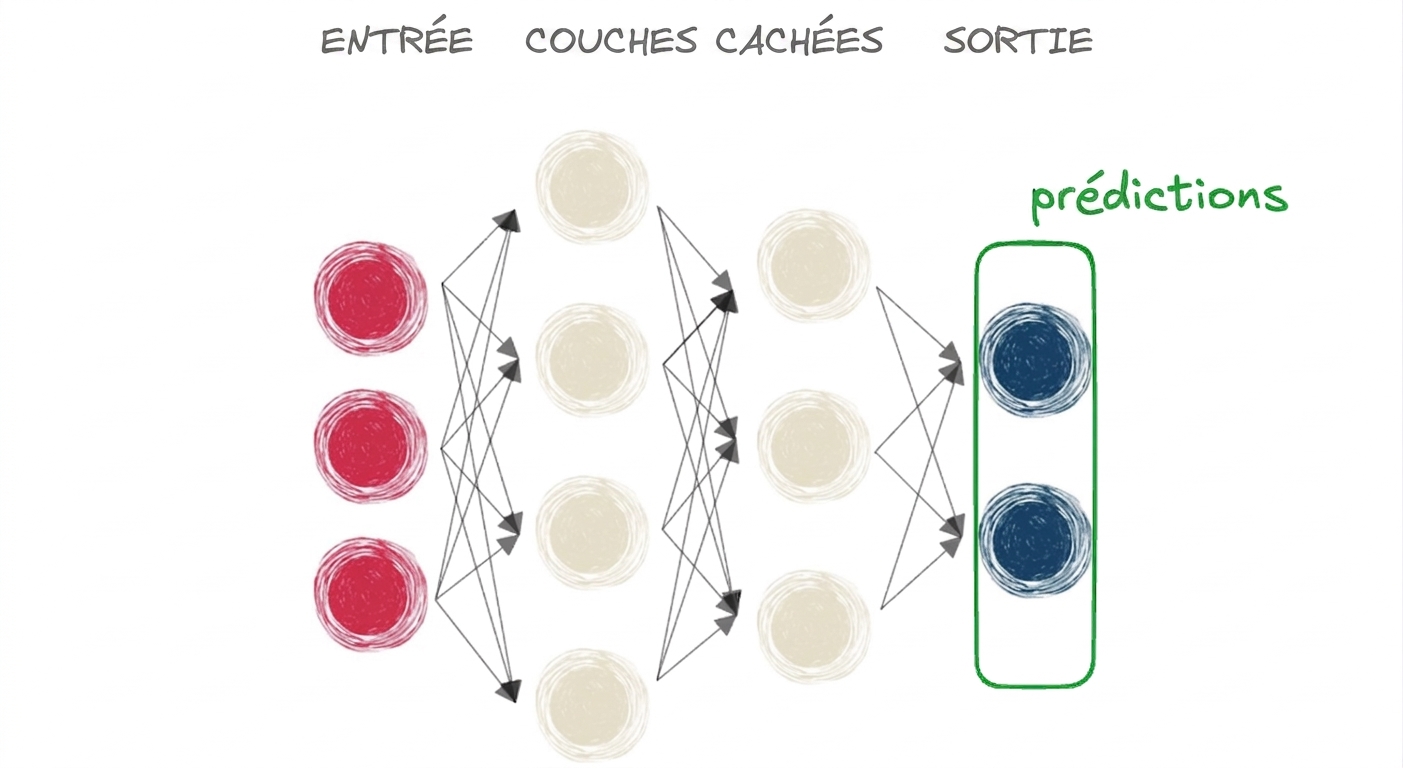 Schéma d'un réseau de neurones avec entrée, couche cachée et sortie