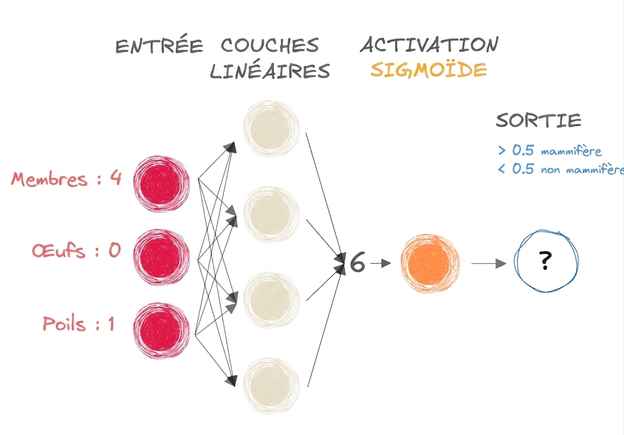 Schéma d'une partie d'un réseau de neurones avec entrées, le nombre 6 en sortie vers les couches linéaires, une sigmoïde et une sortie
