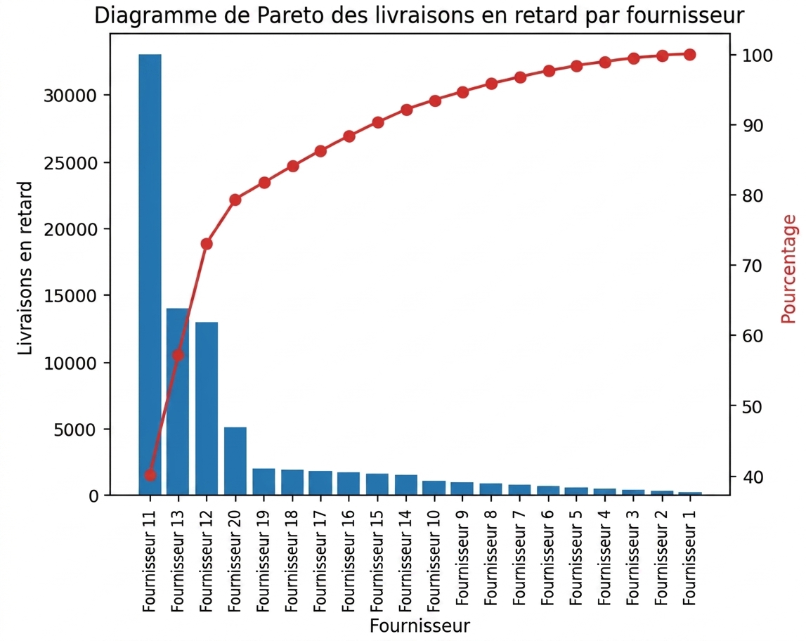 Diagramme de Pareto des retards de livraison par fournisseur