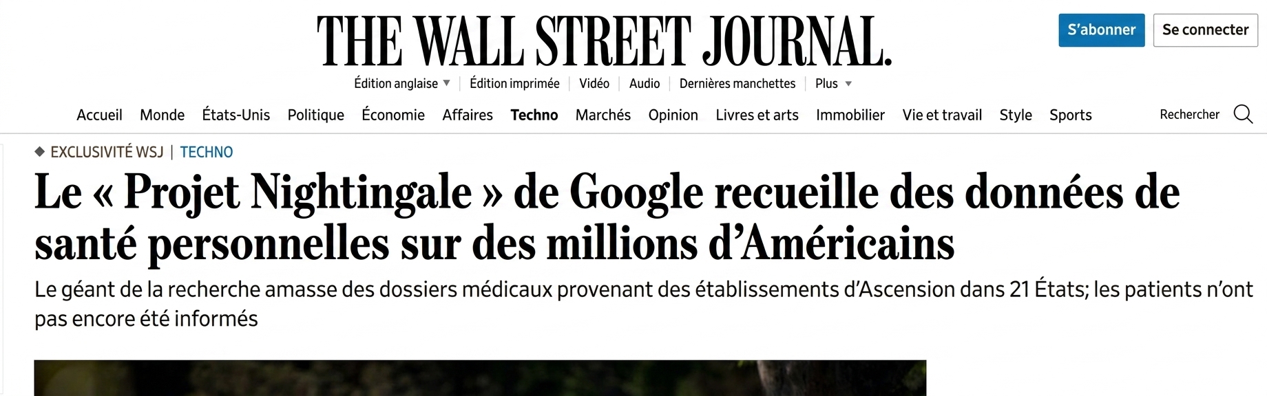 Capture d'écran de l'article du WSJ sur le Project Nightingale de Google