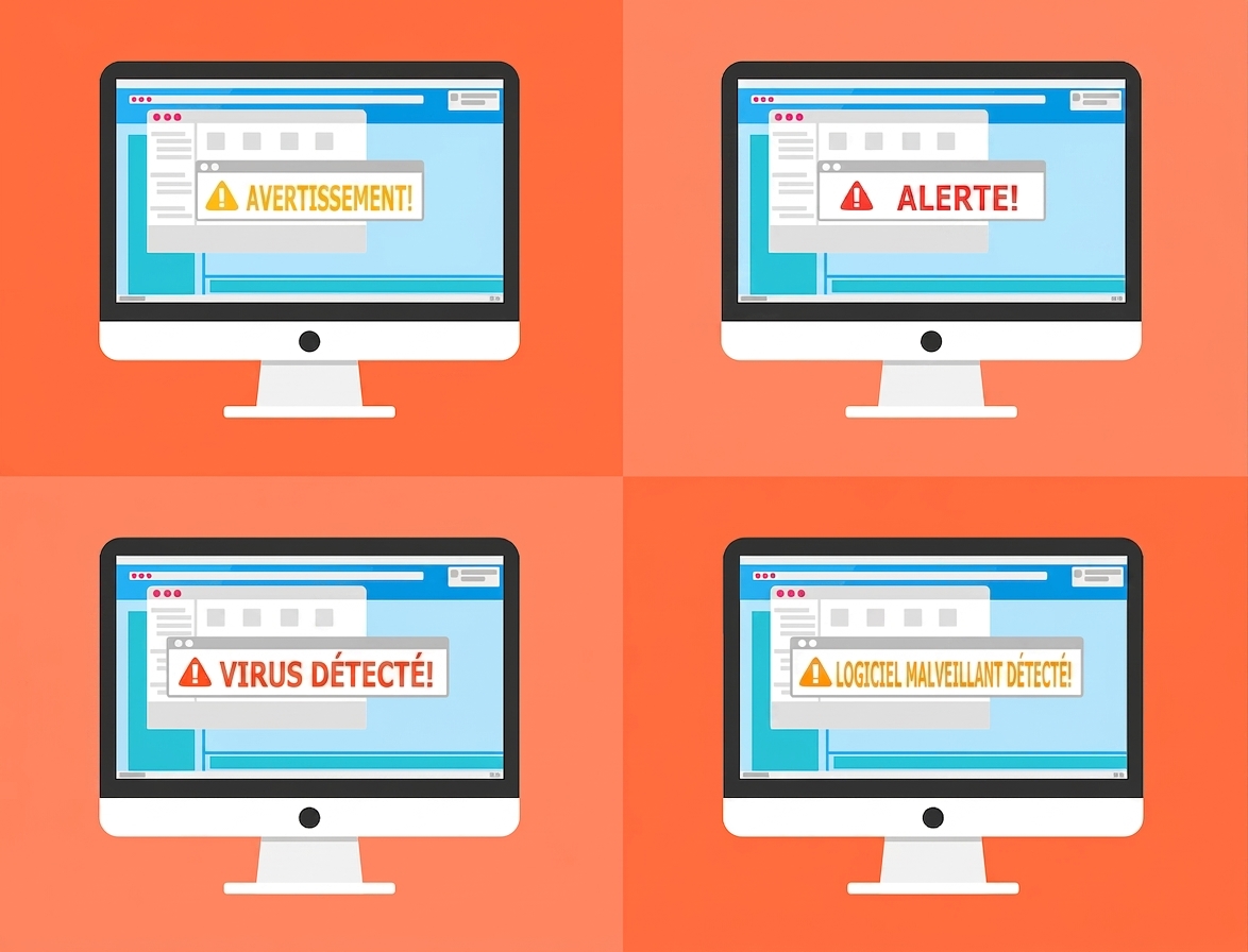 Illustration d'une faille de sécurité avec quatre ordinateurs affichant divers avertissements : attention, alerte, virus détecté, maliciel détecté.
