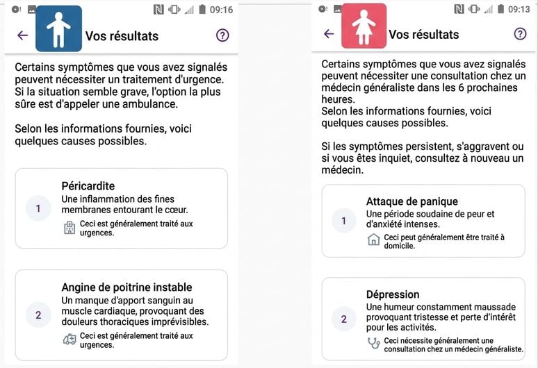 Capture d'écran d'un diagnostic d'une appli de santé pour des symptômes d'infarctus chez hommes et femmes.