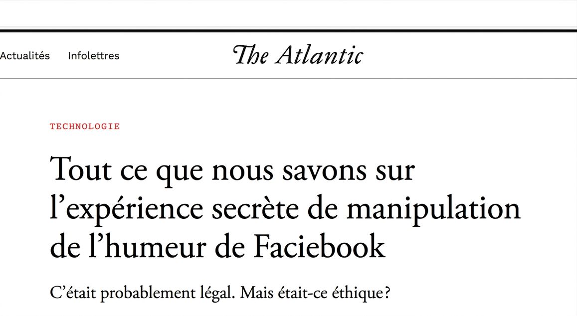 Capture d'écran d'un article de The Atlantic sur l'expérience sociale manipulatrice de Facebook.