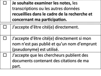 Capture d'écran d'un formulaire de consentement avec divers choix sur les citations directes.