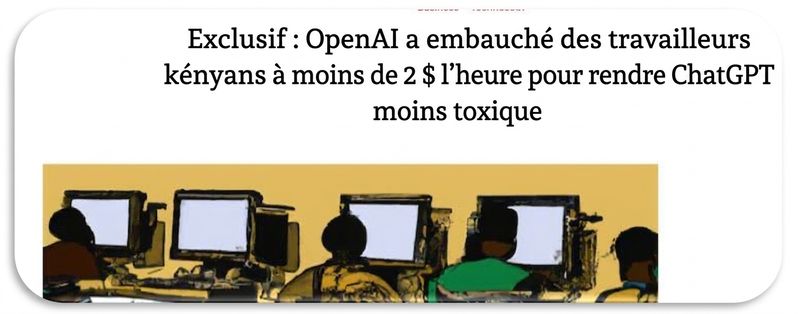 Capture d'écran d'un article du magazine TIME sur l'exploitation de travailleurs kényans durant le nettoyage et l'étiquetage de données pour améliorer ChatGPT.