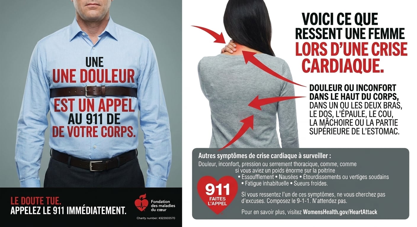 Illustration des différents symptômes d'une crise cardiaque : homme (serrement thoracique) et femme (douleur au dos).