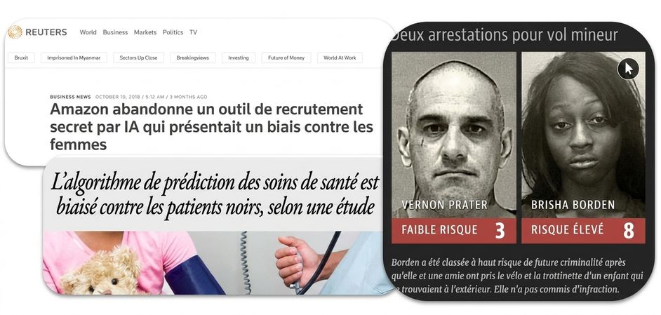 Montage de captures d'articles sur la discrimination des algorithmes d'IA