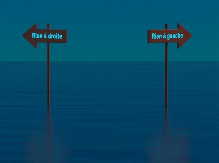 Illustration de deux panneaux opposés dans l'océan illustrant la complexité des choix éthiques, aucune attribution requise.