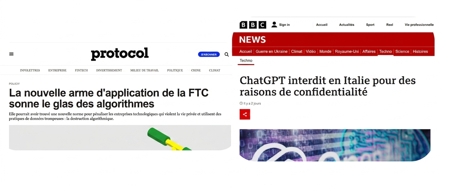 Captures d'articles montrant la FTC américaine et les autorités italiennes sanctionnant des pratiques de données laxistes.