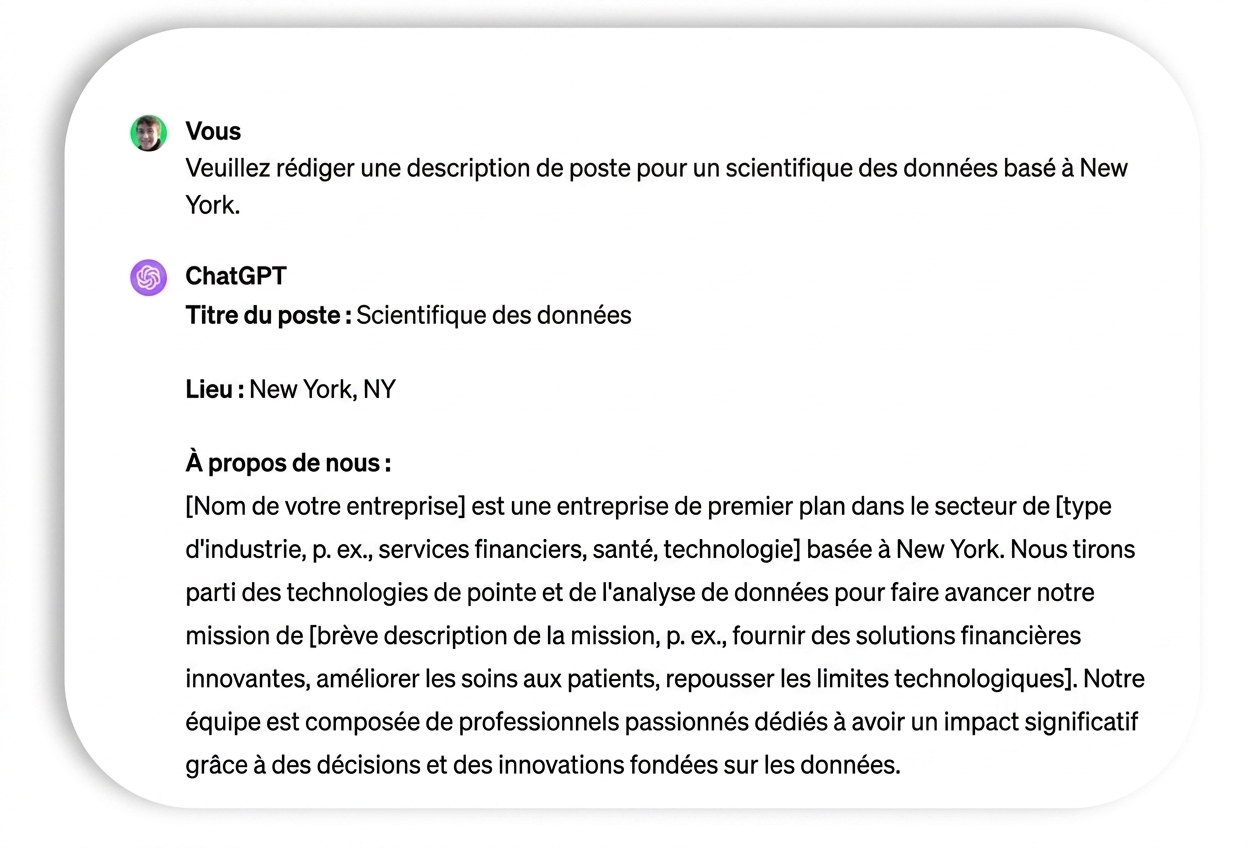 Invite et réponse pour une description de poste de data scientist.
