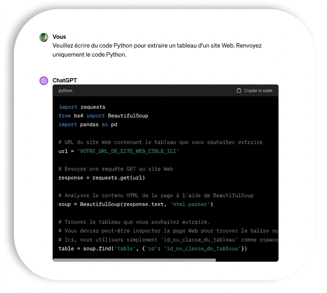 Exemple d'utilisation de ChatGPT pour générer du code qui récupère un tableau d'un site Web.