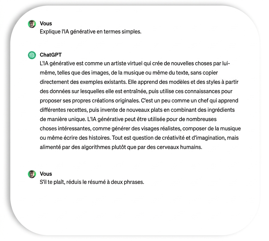 Instruction demandant à ChatGPT de réduire le résumé à deux phrases.