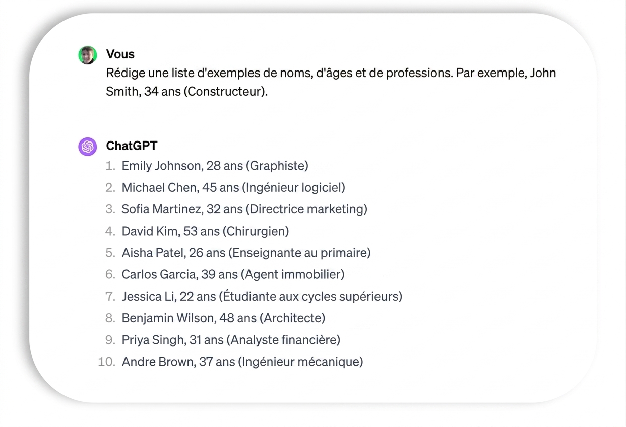 Invite et réponse avec des exemples de noms et professions.