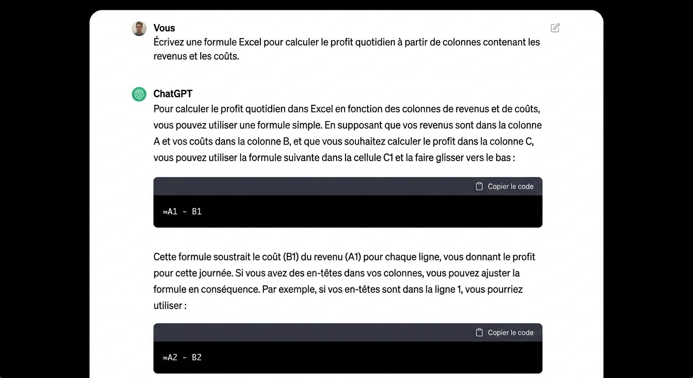 Exemple où ChatGPT génère du code Python pour charger une feuille de calcul Excel.