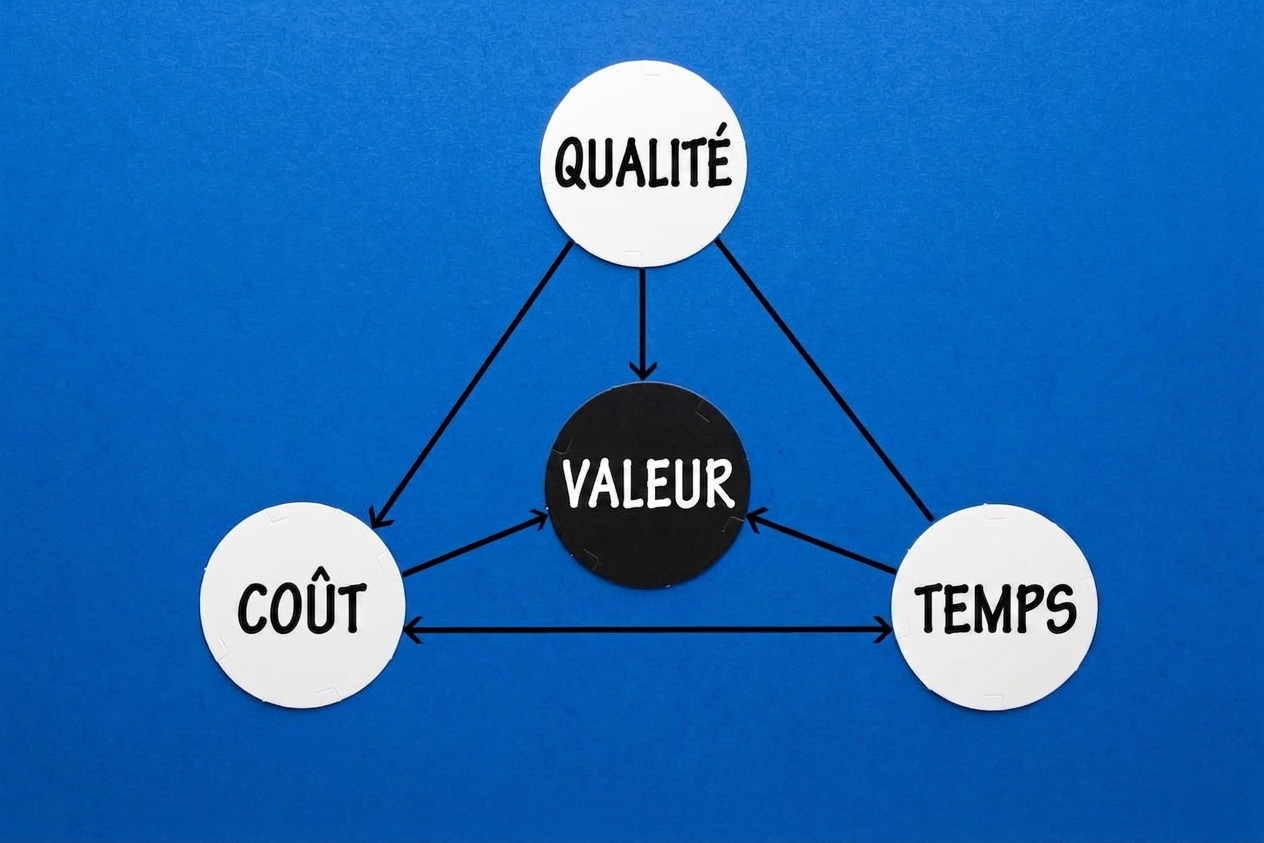 Un triangle de valeur avec qualité, coût et temps à ses sommets.