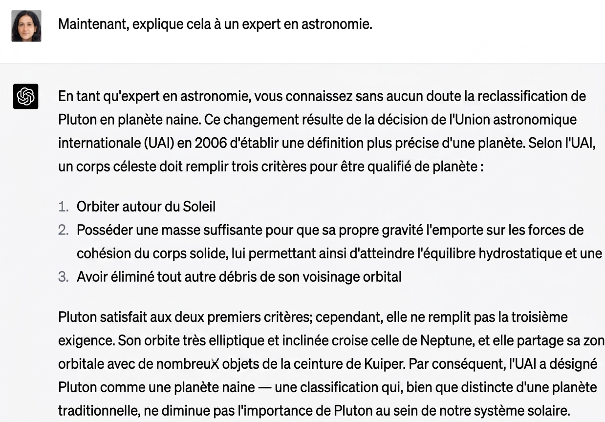 Un exemple de clavardage expliquant à un expert en astronomie pourquoi Pluton ne fait pas partie du système solaire.