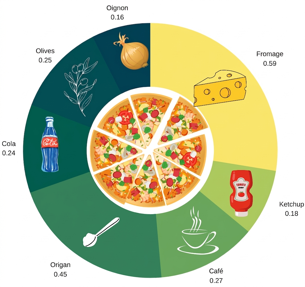 Probabilités d'association de différents mots avec le mot « Pizza »