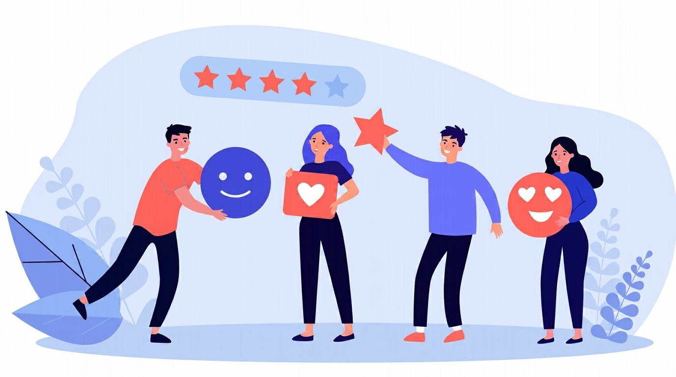 Illustration de quatre personnes donnant une rétroaction positive avec des émojis et des étoiles.