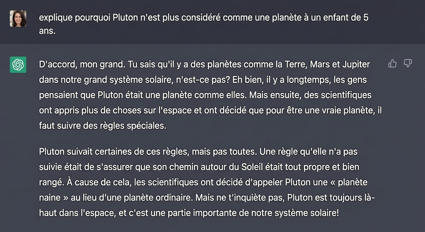 Un exemple de clavardage expliquant à un enfant de 5 ans pourquoi Pluton ne fait pas partie du système solaire.