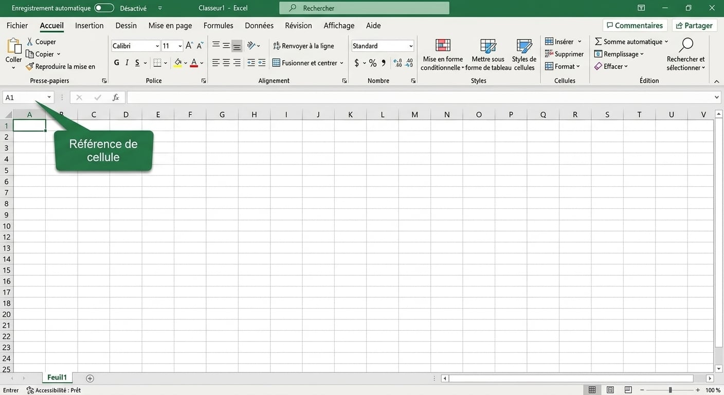 Fichier Excel mettant en évidence la référence de cellule