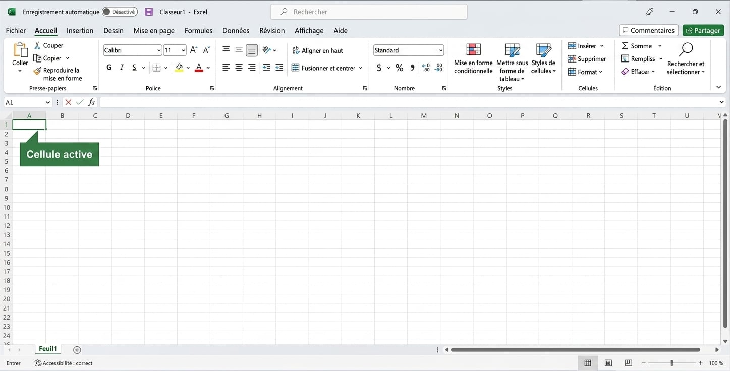 Fichier Excel mettant en évidence la cellule active