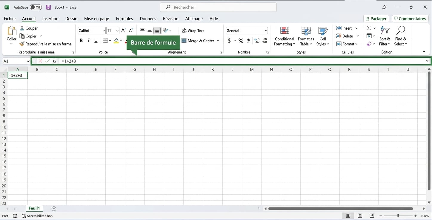 Fichier Excel mettant en évidence la barre de formule