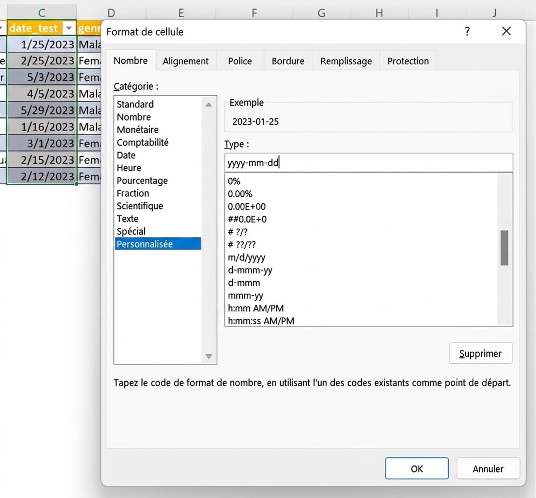 Capture des résultats de test, avec la colonne test_date sélectionnée et le format changé pour un format personnalisé