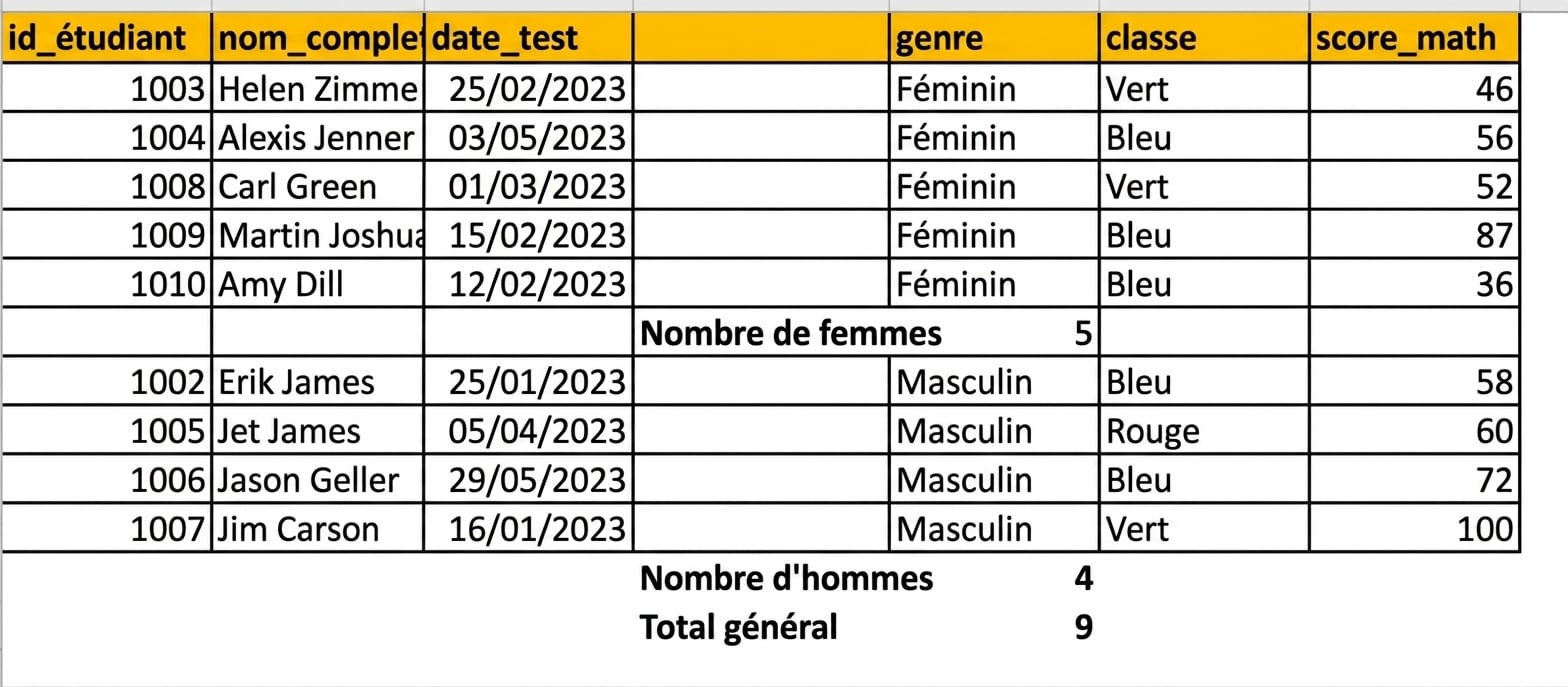 Tableau de résultats d'élèves, avec un comptage par genre ajouté via la fonction de sous-total