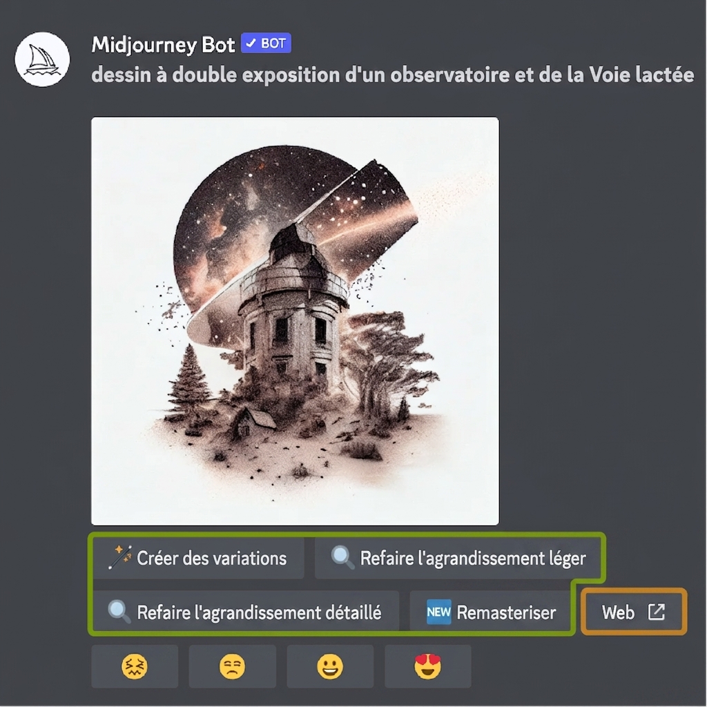 Capture d'écran de l'interface Midjourney avec des options pour évaluer une image produite.
