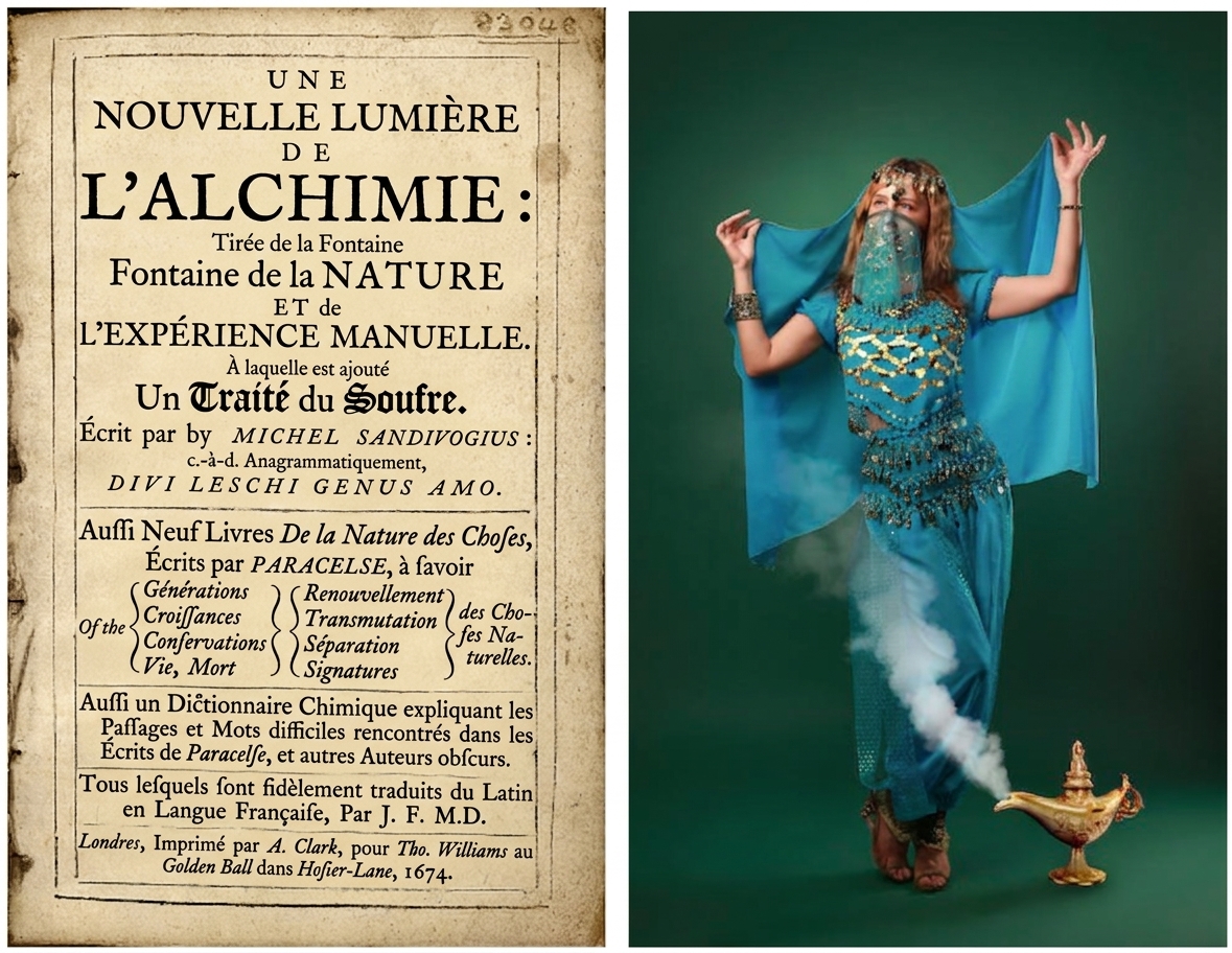 Images d'un manuscrit d'alchimie et d'un génie sortant d'une lampe magique