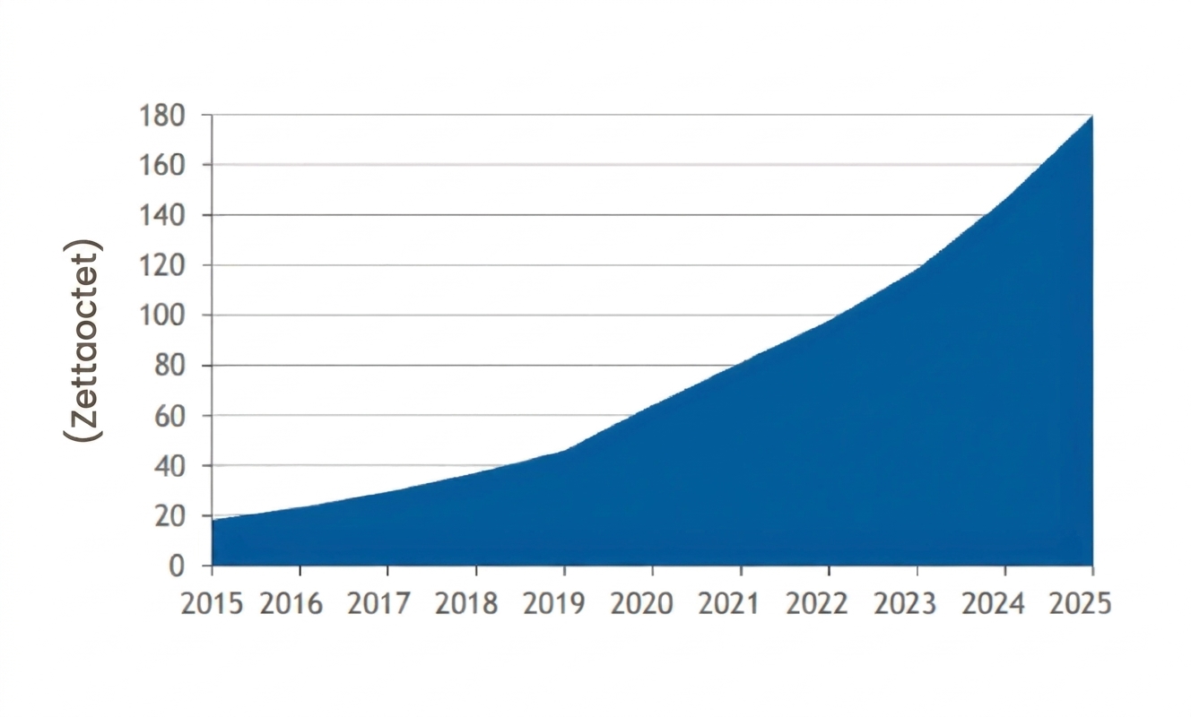 Un graphique montrant l'accélération de la croissance du datasphère mondial, de 20 zettaoctets en 2015 à 180 zettaoctets en 2025.