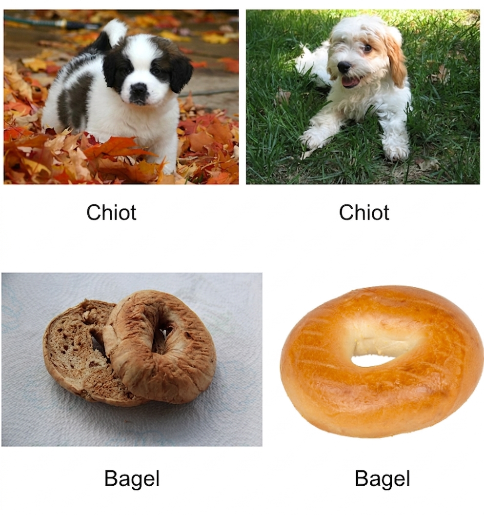 Quatre images légendées : deux chiots et deux bagels