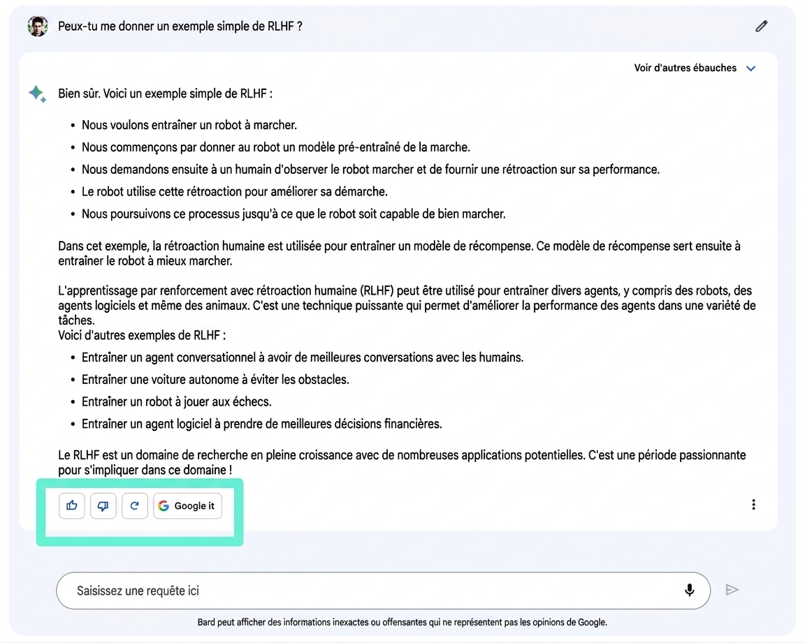 Image de l'interface de clavardage Google Bard avec les options « pouce en l'air » et « pouce en bas » mises en évidence