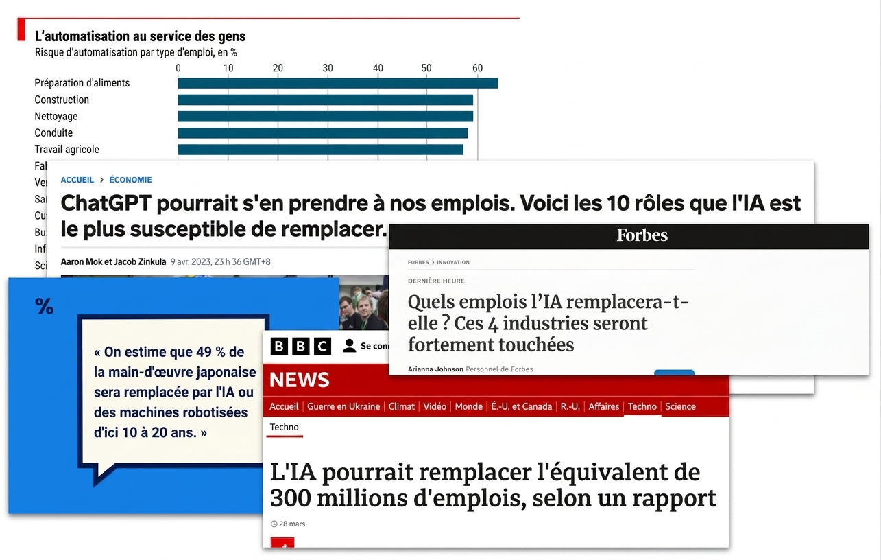 Titres et graphiques annonçant que l'IA remplacera divers emplois