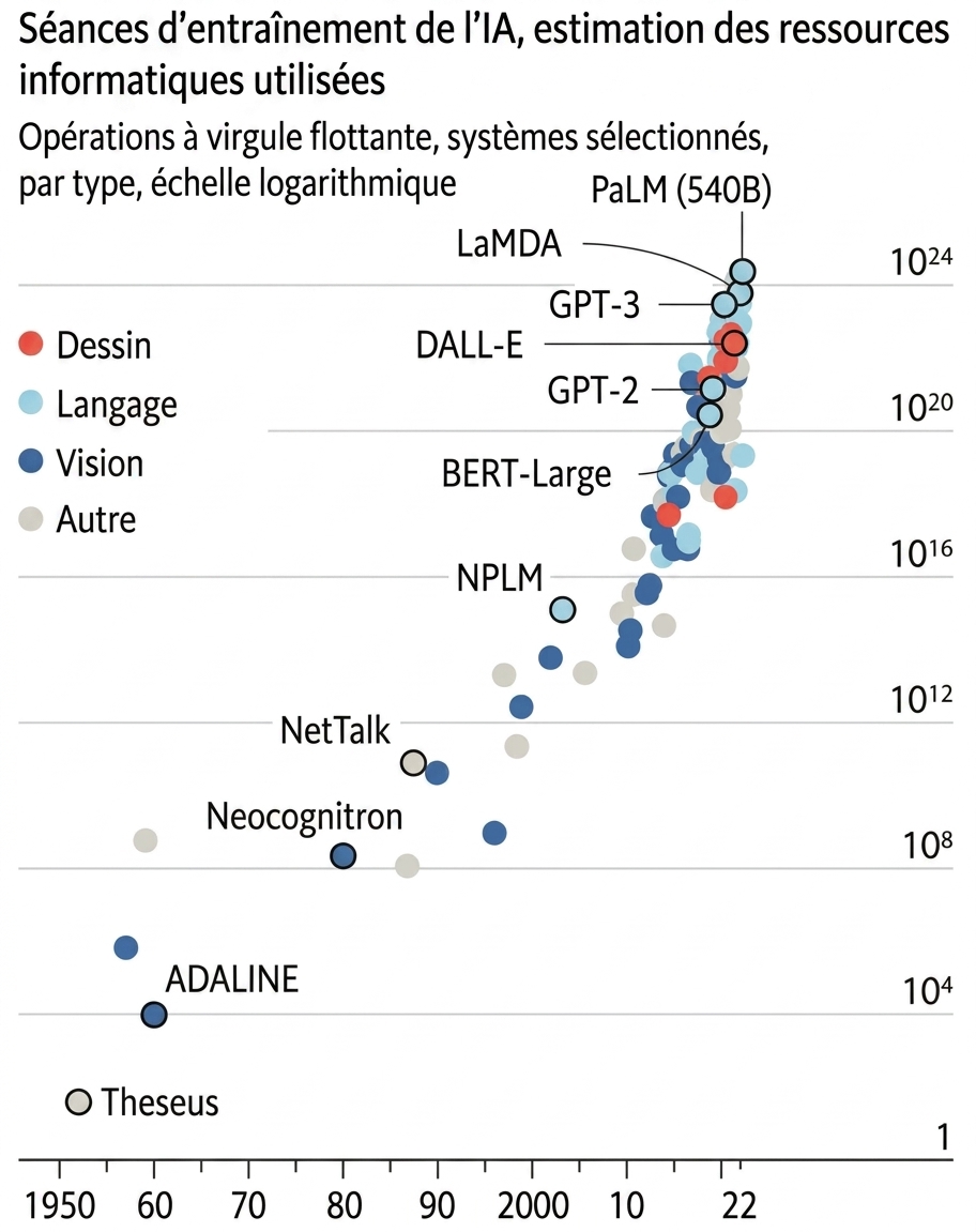 Un graphique montrant la croissance exponentielle de la puissance de calcul requise pour l'entraînement de modèles d'IA, de moins de 10^4 opérations en virgule flottante en 1950 à 10^24 en 2022.