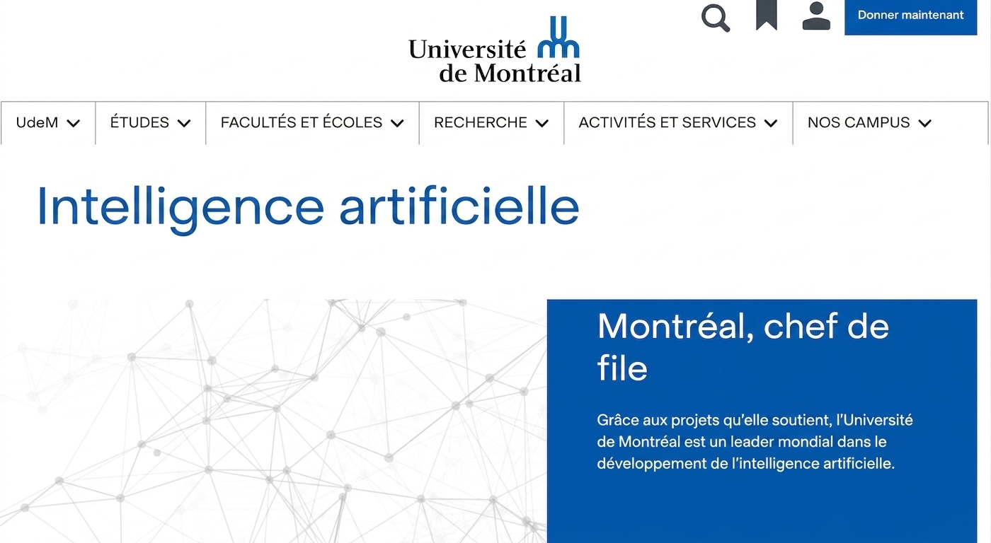 Page d'accueil du centre d'IA de l'Université de Montréal