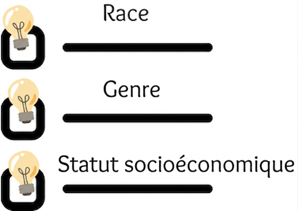 Une liste de vérification comprenant la race, le genre et le statut socioéconomique.