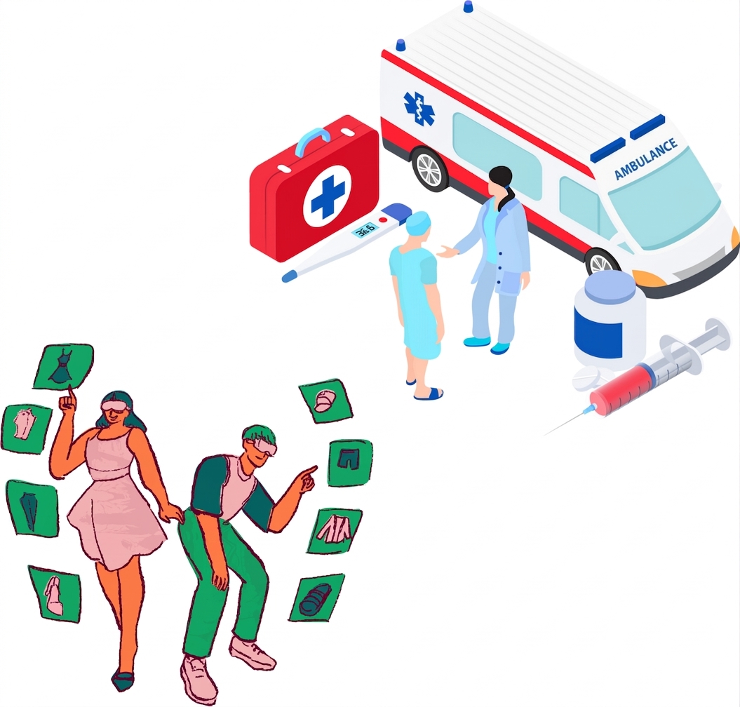 Illustration des secteurs de la santé et du commerce de détail.