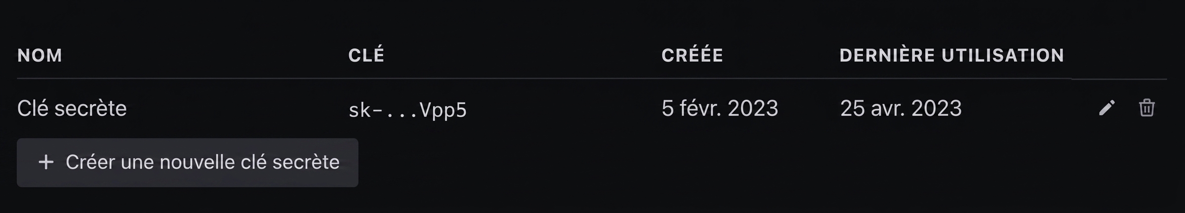 Le bouton pour créer une nouvelle clé secrète.