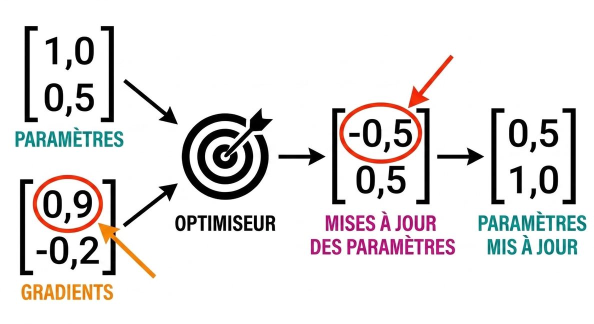Des flèches partant des mises à jour de paramètres pointent vers les nouvelles valeurs des paramètres : 0,5 et 1,0.