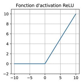 Un tracé montrant la fonction ReLU. Pour les valeurs sous zéro, la ligne est horizontale à zéro ; au-dessus de zéro, la courbe a une pente positive.