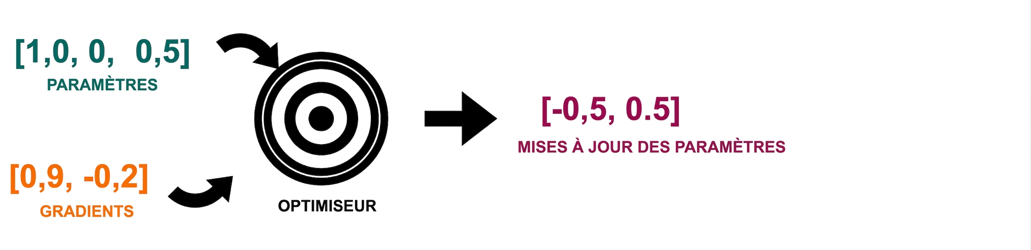 Une flèche partant de l'optimiseur pointe vers un vecteur avec deux mises à jour de paramètres : -0,5 et 0,5.