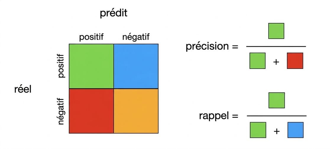 Une matrice de confusion 2 x 2 où chaque case a une couleur différente ; à côté, des formules du rappel et de la précision en fonction des codes de couleur.