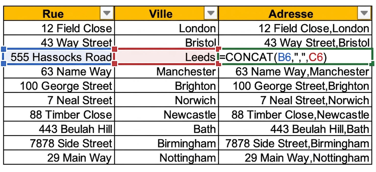 Image d'un tableau Excel montrant la rue et la ville dans des colonnes séparées, avec une troisième colonne utilisant CONCAT pour les combiner.